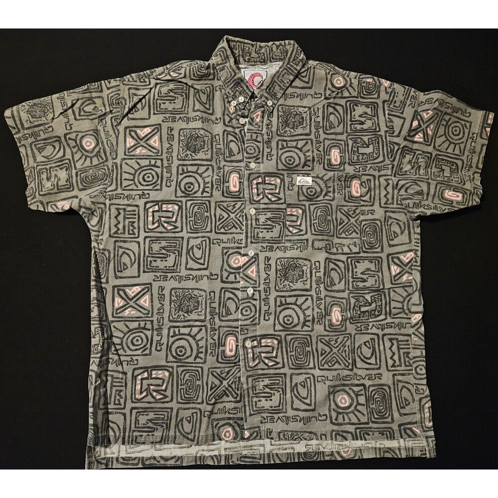 Vintage 90s Quiksilver Surf Button Up Shirt Small Tribal Abstract All Over Print